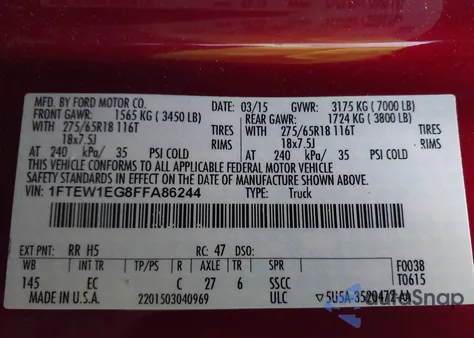 2015 Ford F-150 Lariat из США, поврежденный, VIN 1FTEW1EG8FFA86244